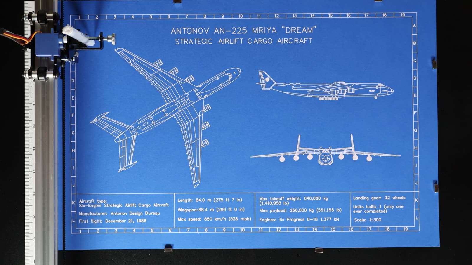 The plotter robot drawing the Antonov An-225 blueprint